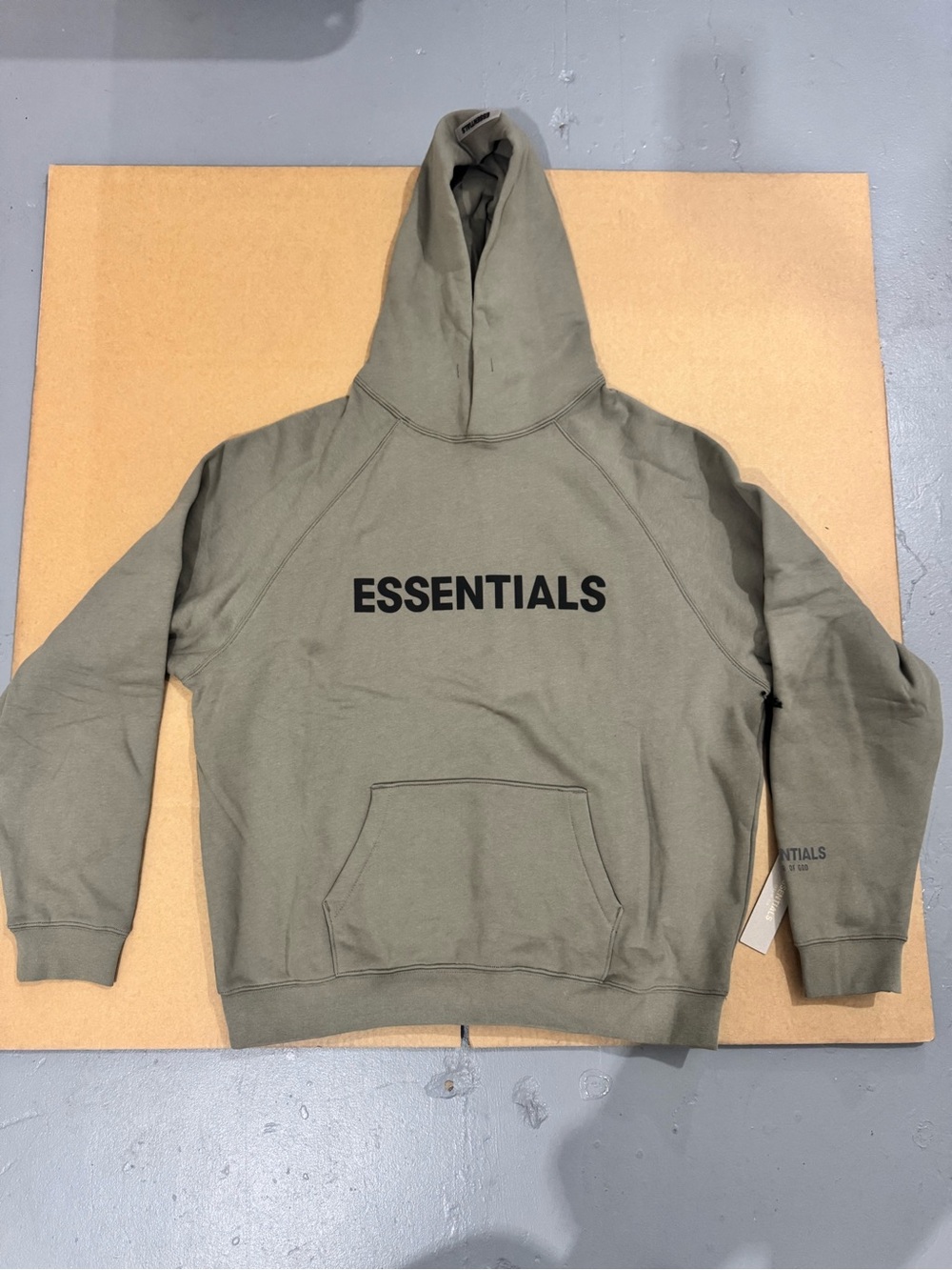 ESSENTIALS Olive Crewneck Hoodie with Black Chest Logo